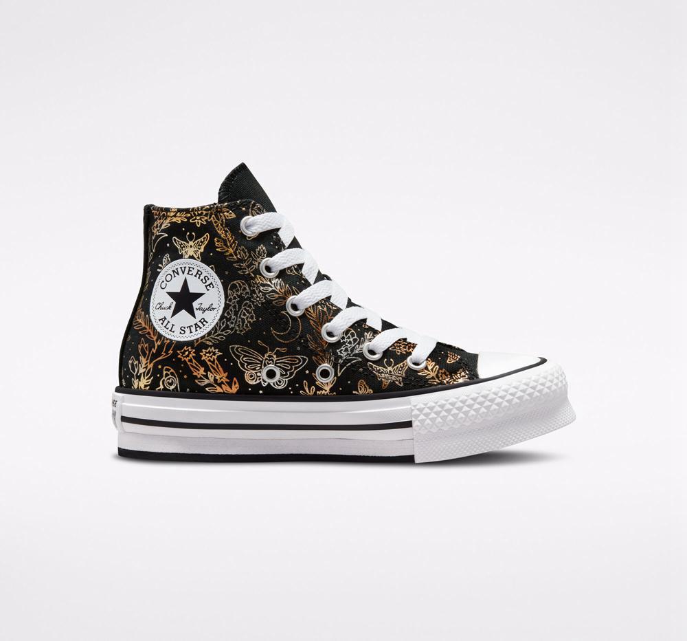 Converse Chuck Taylor All Star Eva Lift Platform Butterfly Shine Little Kids Höga Tjej Svarta Guld Vita | 172546MJG