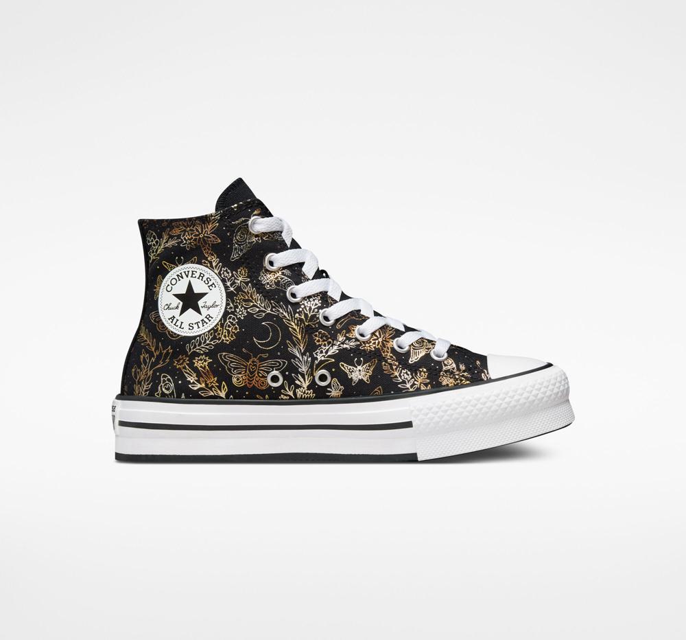 Converse Chuck Taylor All Star Eva Lift Platform Butterfly Shine Big Kids Höga Tjej Svarta Guld Vita | 865932BNG