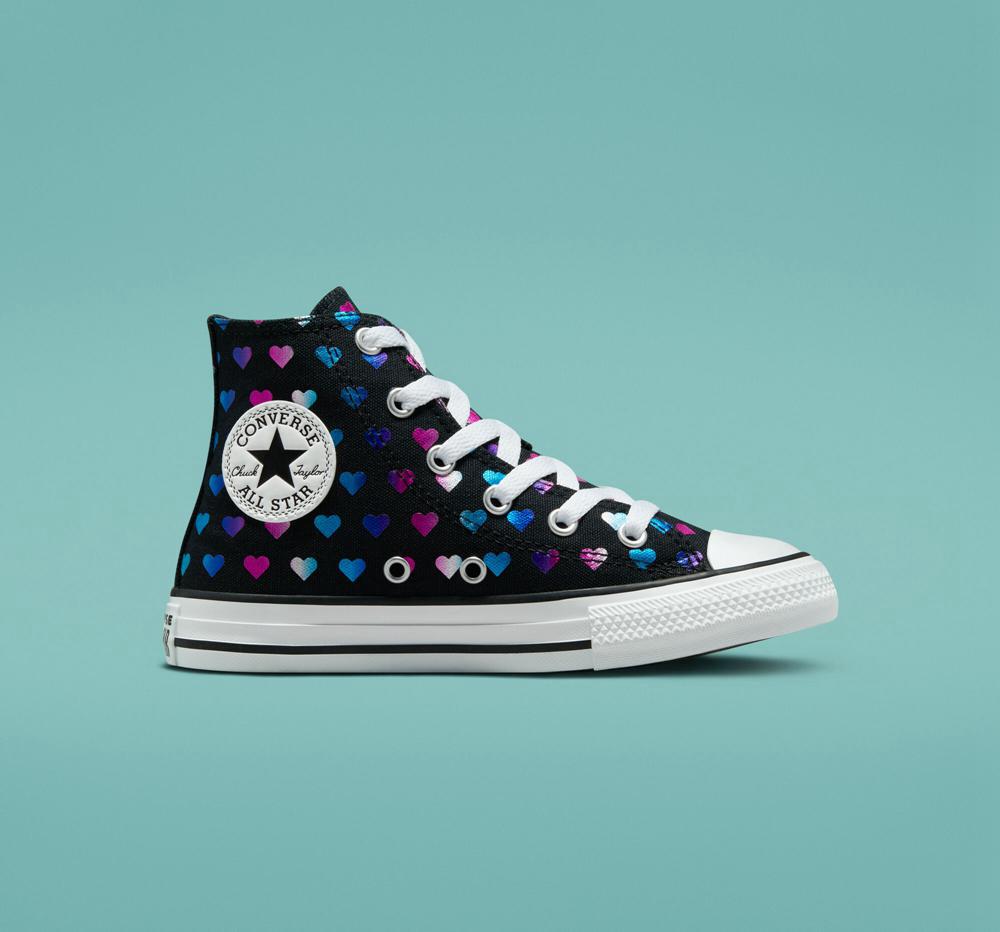 Converse Chuck Taylor All Star Foil Hearts Little Kids Höga Tjej Svarta Vita Rosa | 847519WXE
