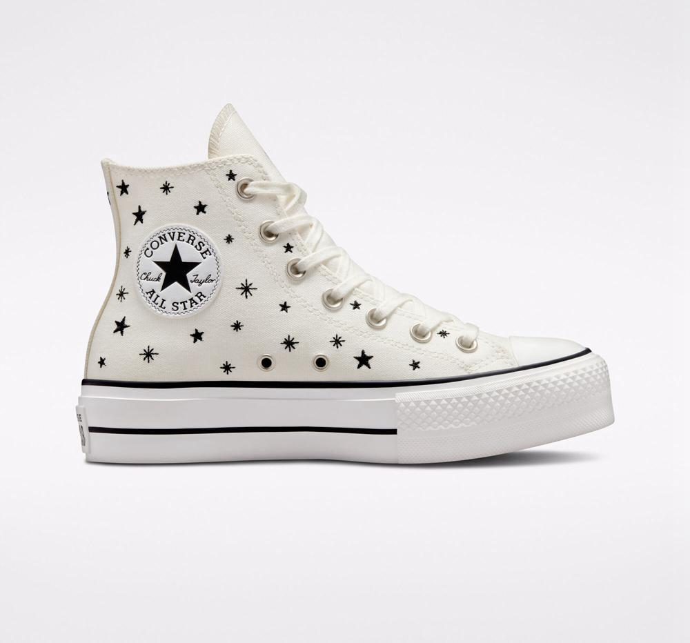 Converse Chuck Taylor All Star Lift Platform Embroidered Stars Höga Dam Vita Svarta | 253610NMQ