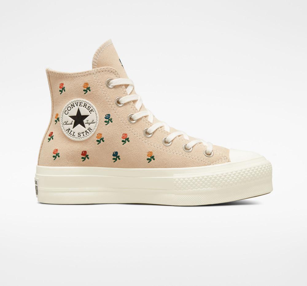 Converse Chuck Taylor All Star Lift Platform Embroidered Roses Höga Dam Beige | 852679HUT