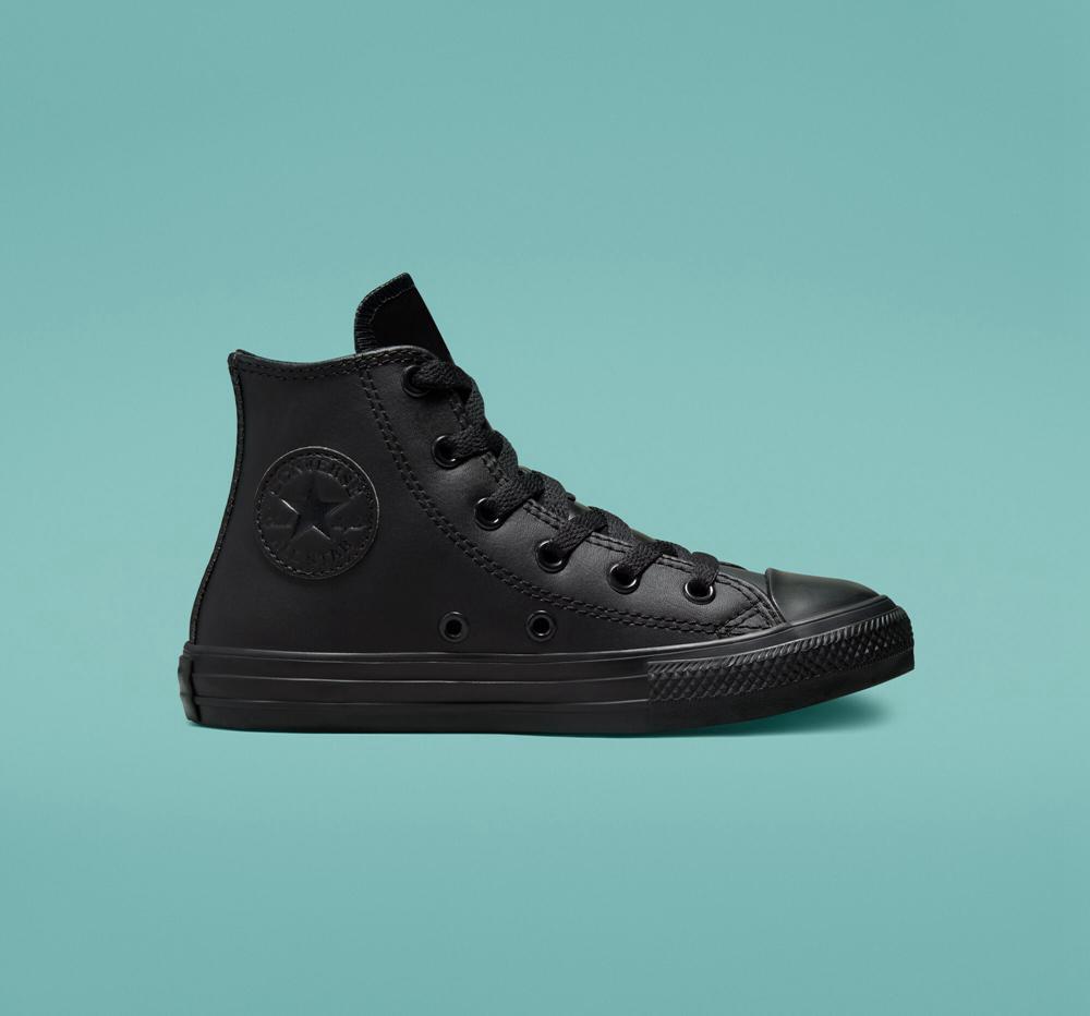 Converse Chuck Taylor All Star Läder Little Kids Höga Tjej Svarta Svarta Svarta | 032187YOW
